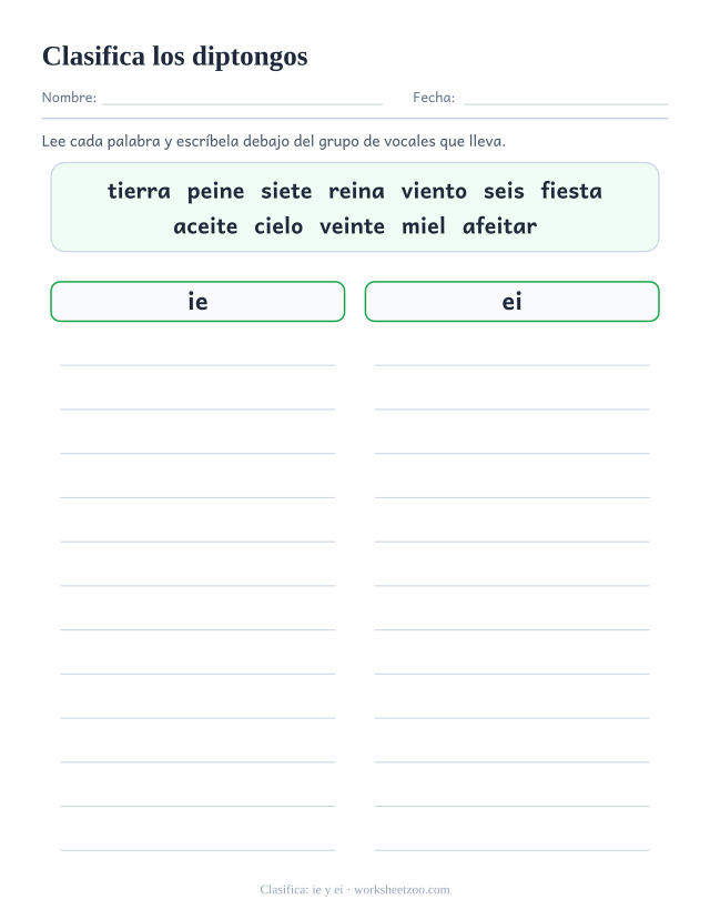 Ficha para clasificar doce palabras según lleven el diptongo ie o el diptongo ei