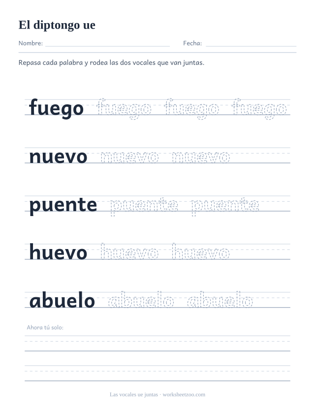 Ficha del grupo de vocales ue para repasar fuego, nuevo, puente, huevo, abuelo sobre pauta