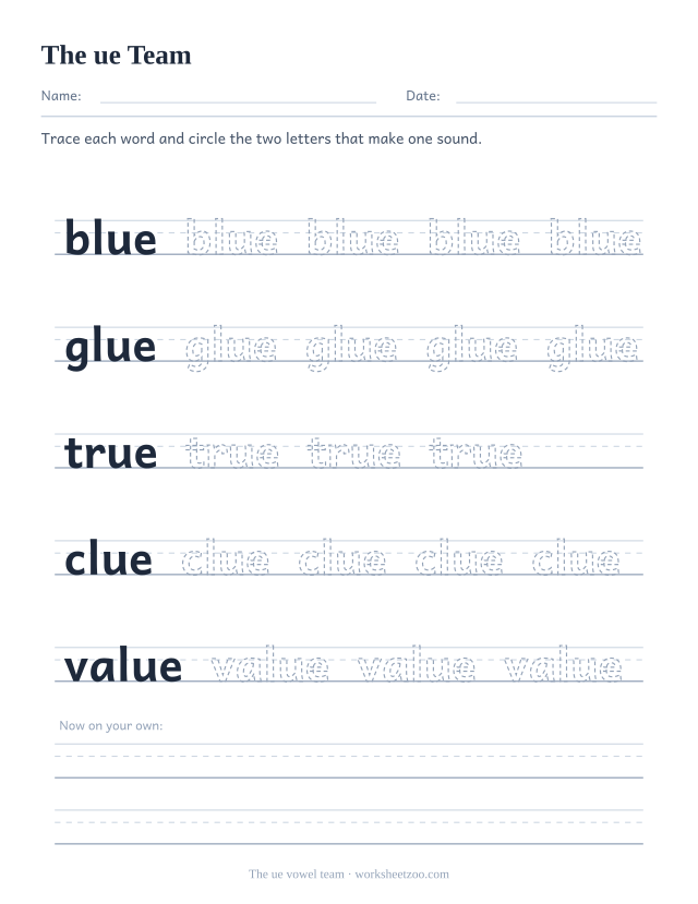 ue vowel team worksheet, tracing blue, glue, true, clue, value on handwriting guides