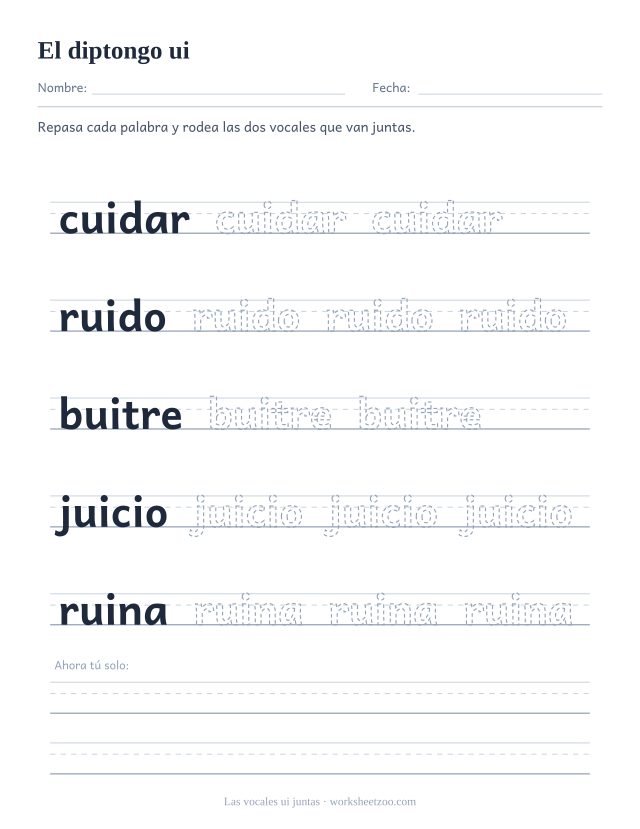 Ficha del grupo de vocales ui para repasar cuidar, ruido, buitre, juicio, ruina sobre pauta