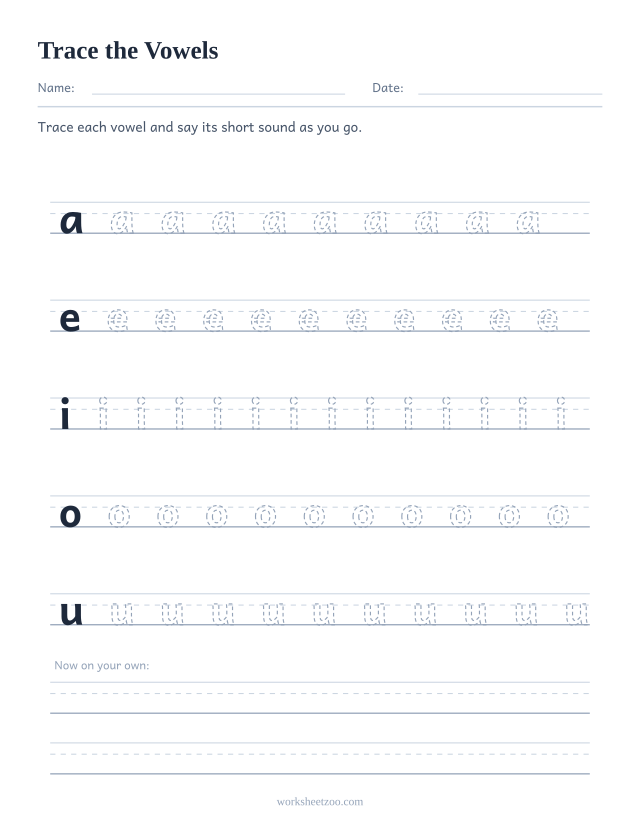 Vowel tracing worksheet, the five vowels a e i o u repeated on handwriting guide lines