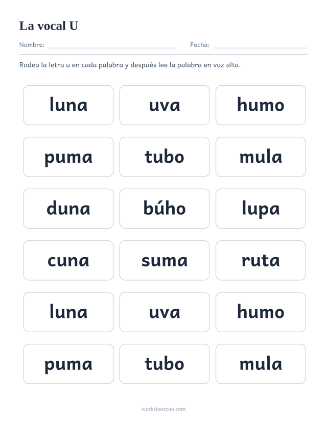Ficha de la vocal U, dieciocho palabras con la letra u para buscarla y rodearla