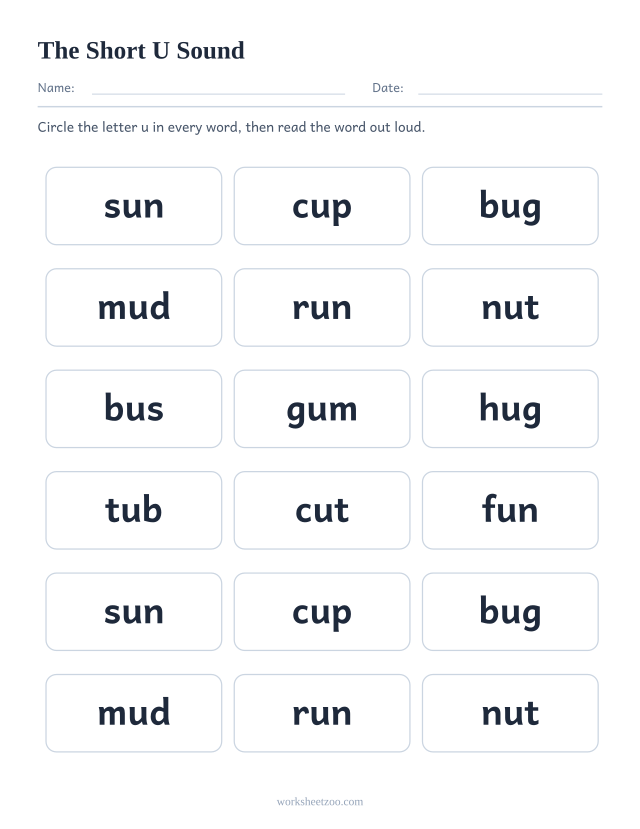 Short U vowel worksheet, eighteen words containing the letter u to find and circle