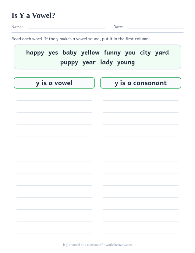 Y as a vowel worksheet sorting happy, yes, baby and yellow by whether the y makes a vowel sound