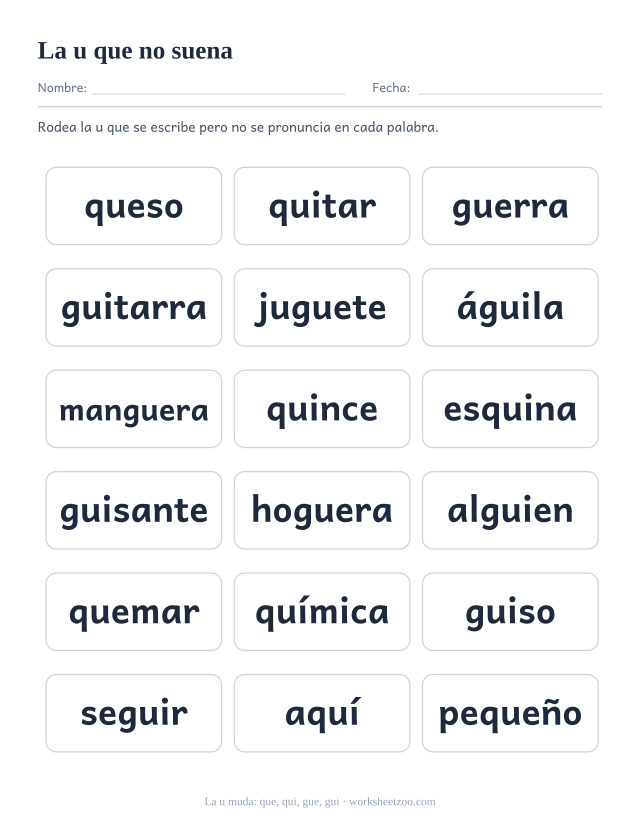 Ficha para rodear la u muda en dieciocho palabras como queso, guerra, guitarra y águila