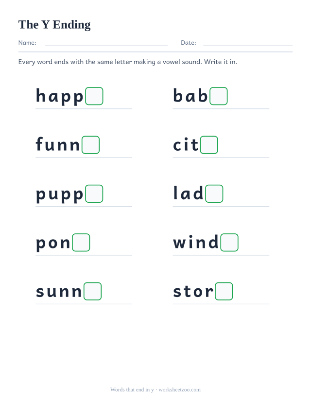 Y ending worksheet, ten words including happy, baby and funny with the final y replaced by a box