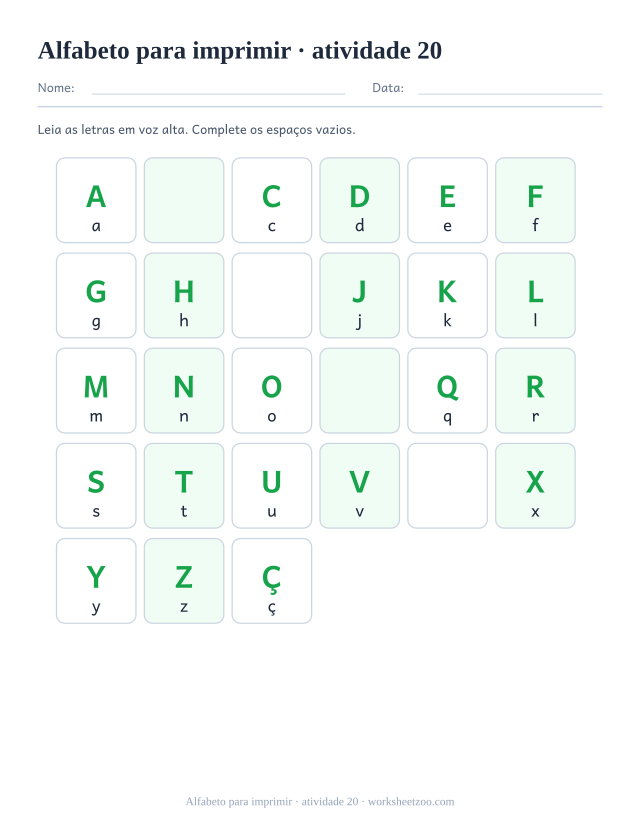 Prévia de Alfabeto para imprimir, atividade 20 para imprimir