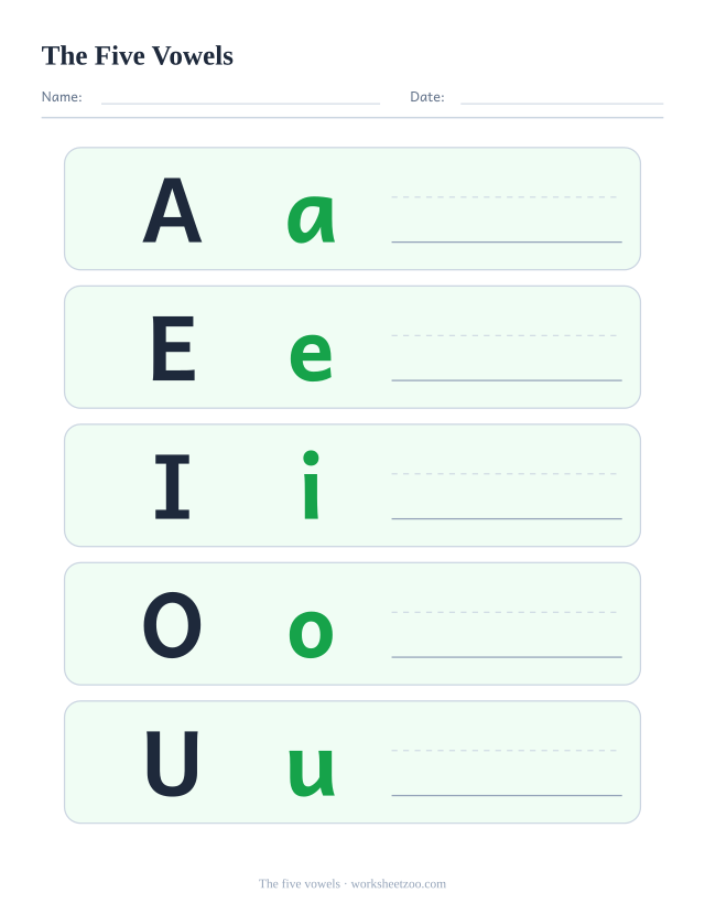 Vowel chart with A E I O U in uppercase and lowercase, each on its own band with a ruled space to write