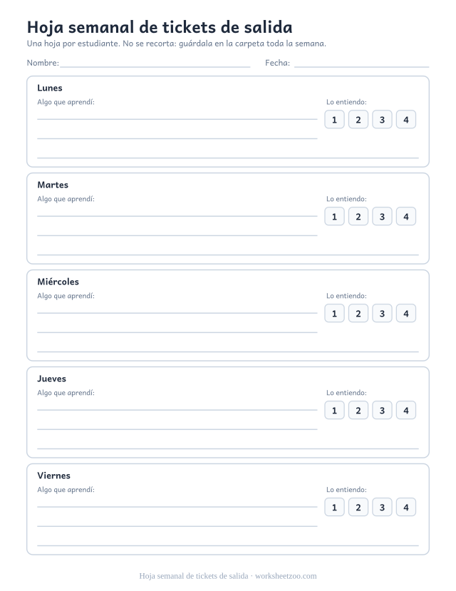 Hoja semanal de tickets de salida: ticket de salida para imprimir y recortar en PDF, una hoja semanal