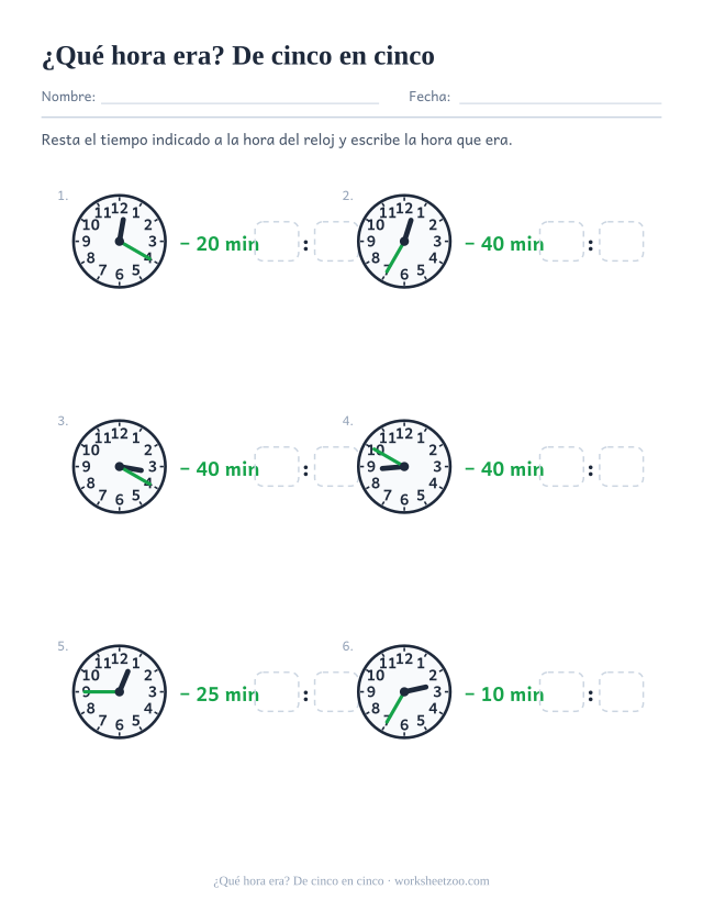 Ficha para restar minutos de cinco en cinco a la hora del reloj y saber qué hora era
