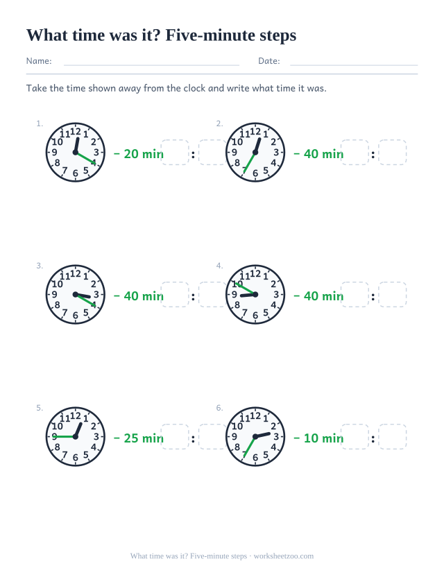 Worksheet for subtracting five-minute steps from a clock time to find what time it was