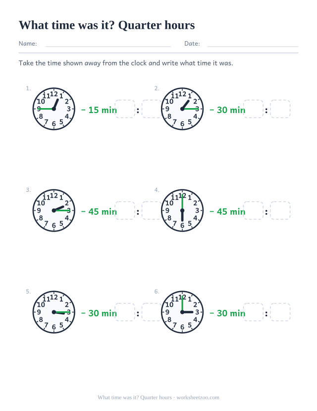 Worksheet for subtracting quarter-hour steps from a clock time to find the earlier time
