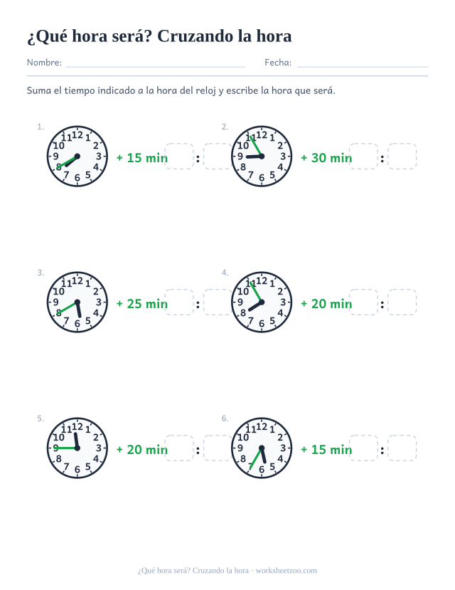 Ficha para sumar minutos a la hora del reloj donde todas las respuestas pasan de la hora siguiente