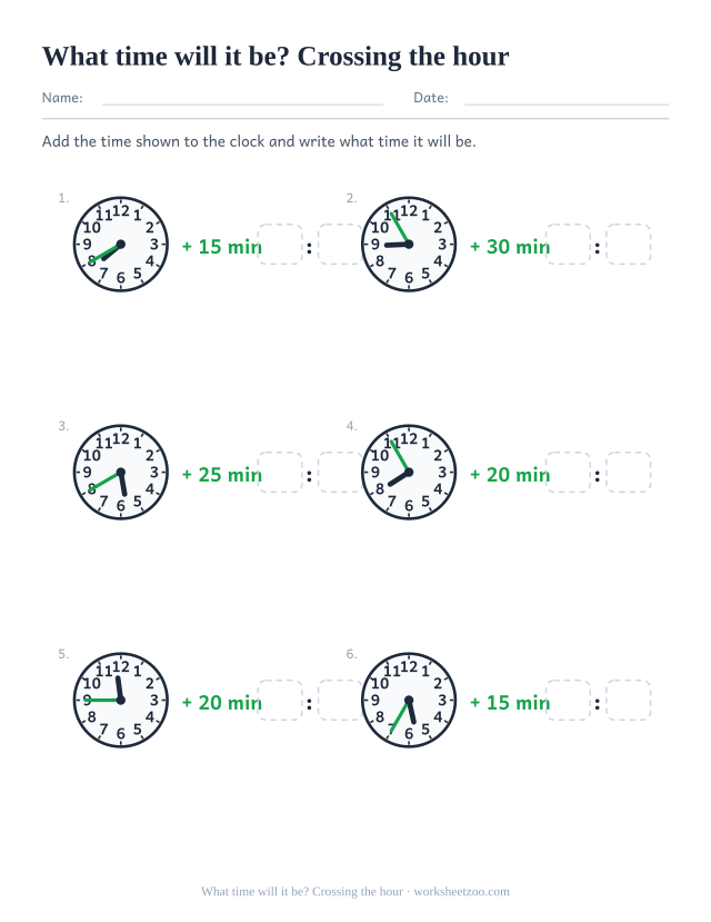 Worksheet for adding minutes to a clock time where every answer passes the next hour
