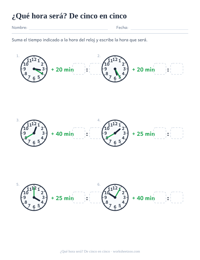 Ficha para sumar minutos de cinco en cinco a la hora del reloj y hallar la hora posterior