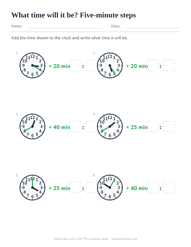 Worksheet for adding five-minute steps to a clock time to find the later time