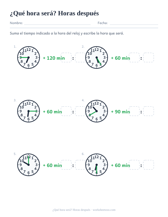 Ficha para sumar horas enteras y medias a la hora del reloj y escribir el resultado
