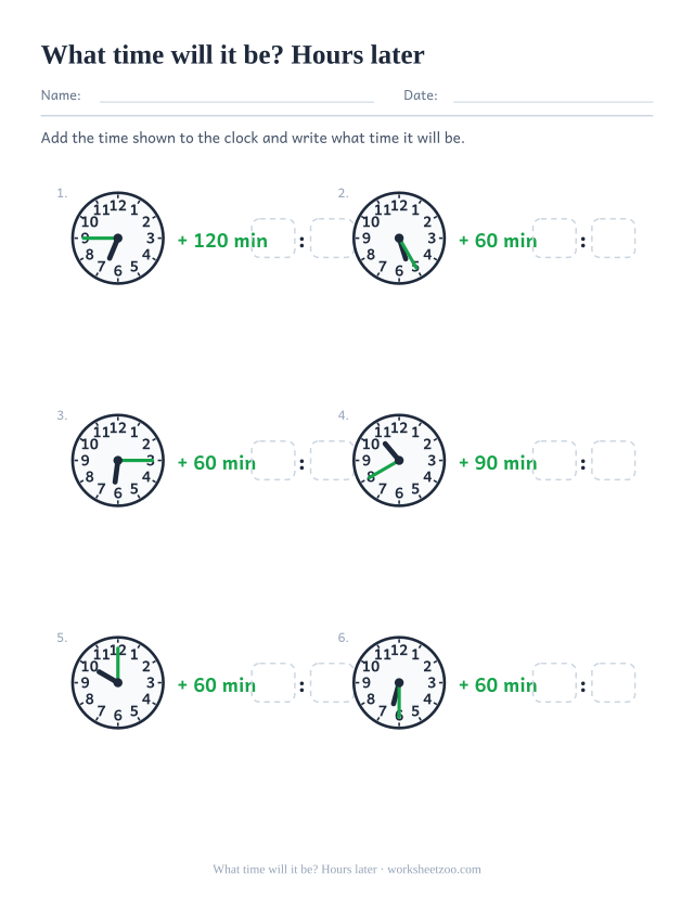Worksheet for adding whole and half hours to a clock time and writing the result