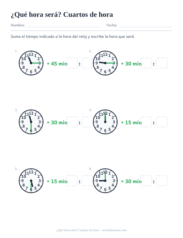 Ficha para sumar cuartos de hora a la hora del reloj y escribir la nueva hora digital