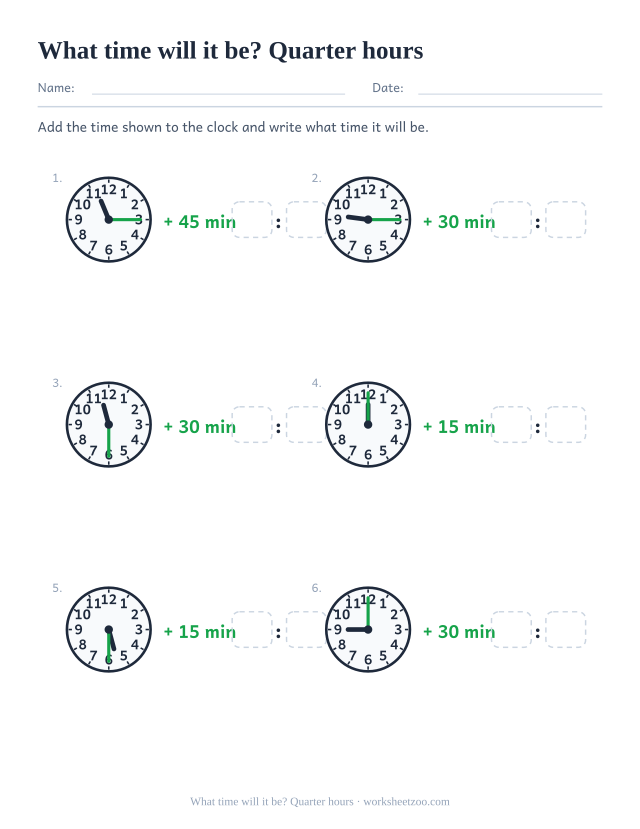 Worksheet for adding quarter-hour steps to a clock time and writing the new digital time