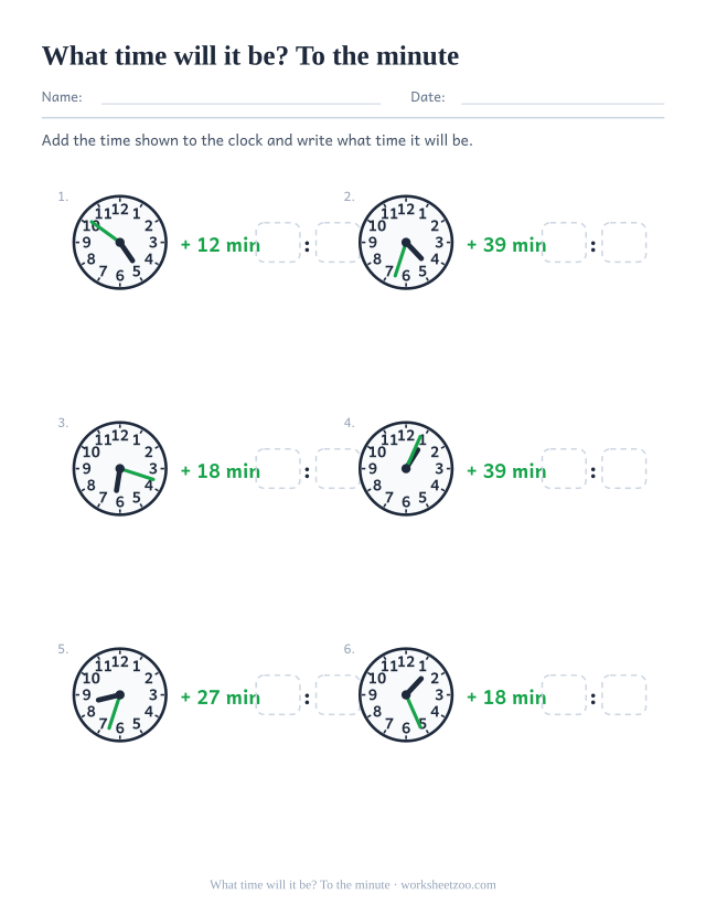 Worksheet for adding awkward numbers of minutes to a clock time read to the minute