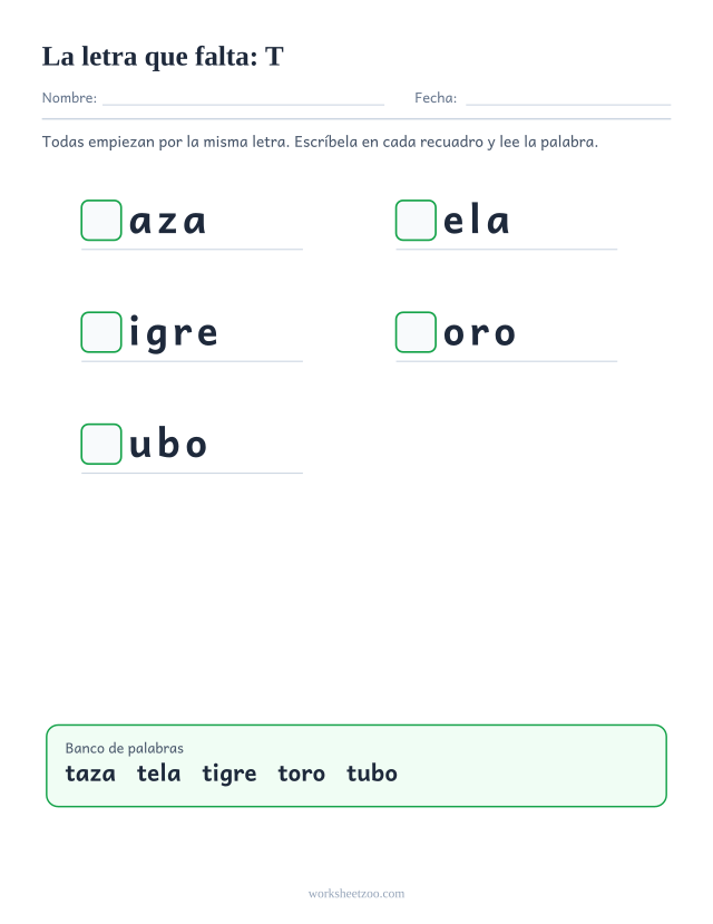Ficha de la letra que falta de la familia de la T con banco de palabras