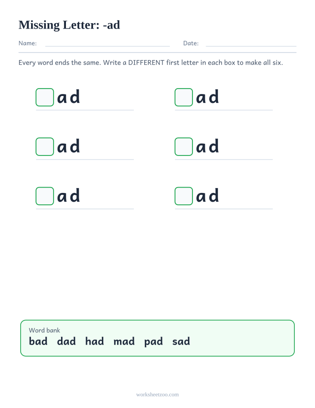 Missing letter worksheet for the -ad family with a word bank