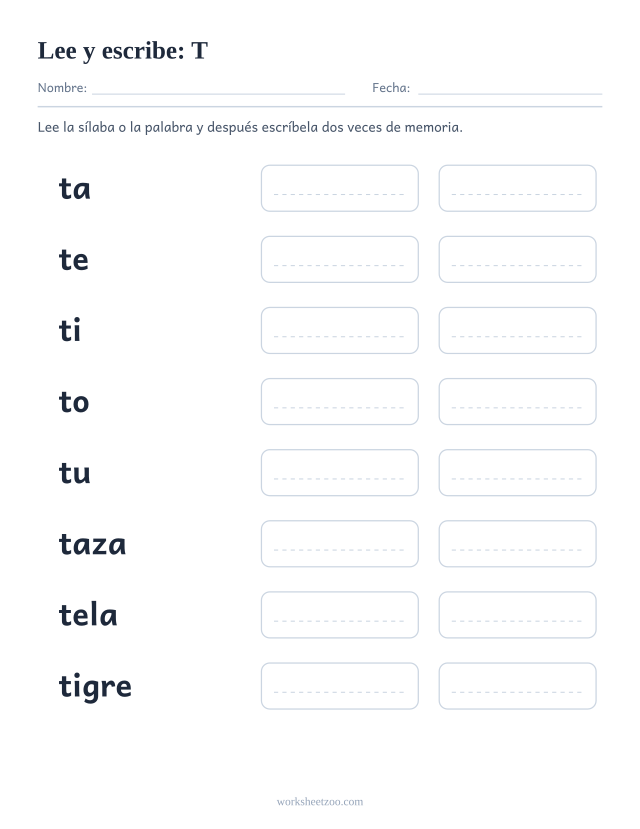 Ficha de leer y escribir de la familia de la T con taza, tela, tigre, toro, tubo