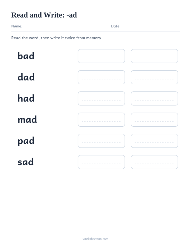 Read and write worksheet for the -ad family, bad, dad, had, mad, pad, sad