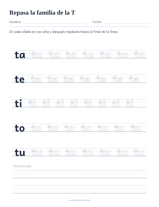 Ficha para repasar las sílabas ta, te, ti, to, tu sobre pauta