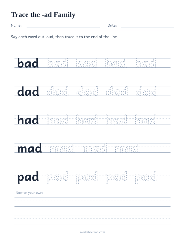 Tracing worksheet for the -ad word family on handwriting guides