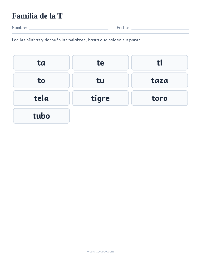 Lámina de la familia silábica de la T con ta, te, ti, to, tu