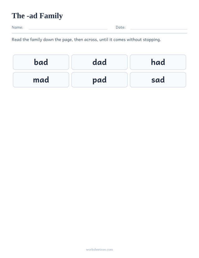 Word family chart for -ad showing bad, dad, had, mad, pad, sad