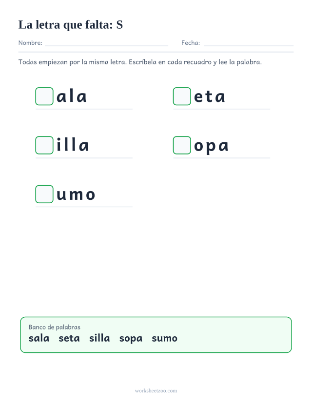 Ficha de la letra que falta de la familia de la S con banco de palabras