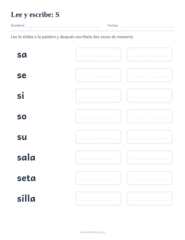 Ficha de leer y escribir de la familia de la S con sala, seta, silla, sopa, sumo