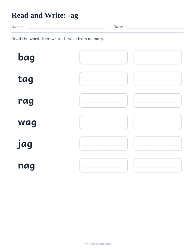 Read and write worksheet for the -ag family, bag, tag, rag, wag, jag, nag