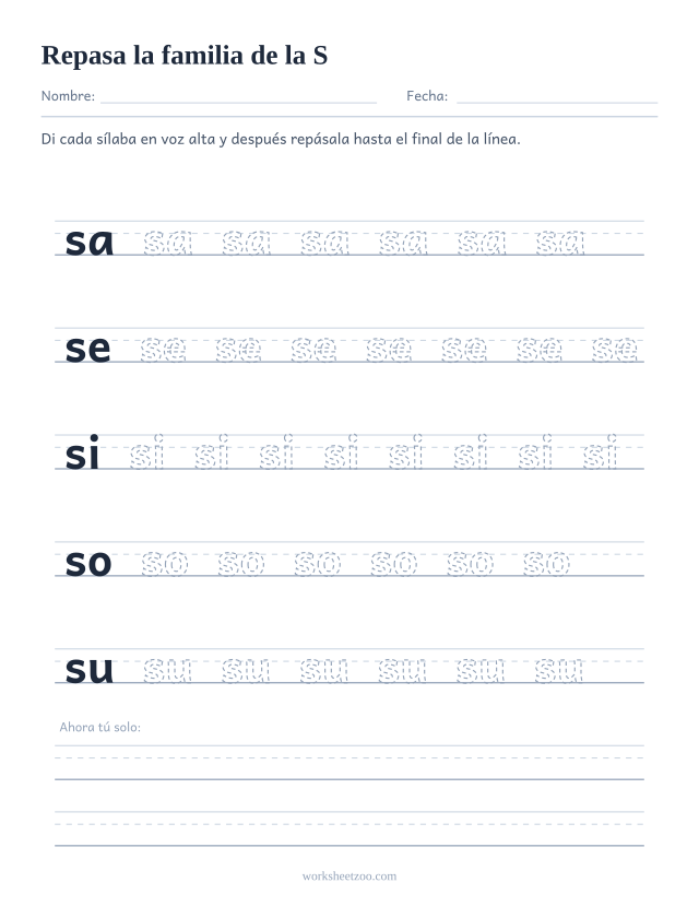 Ficha para repasar las sílabas sa, se, si, so, su sobre pauta