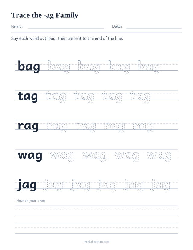 Tracing worksheet for the -ag word family on handwriting guides