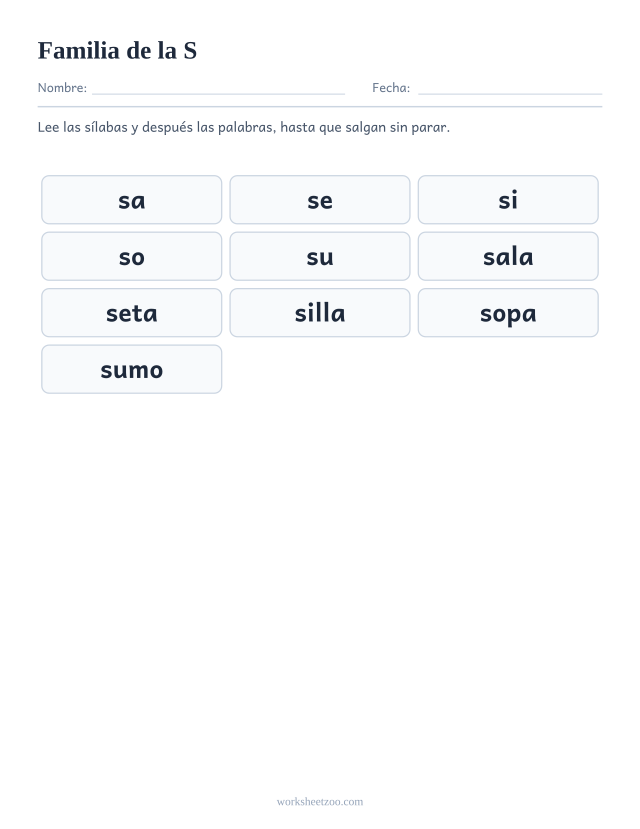Lámina de la familia silábica de la S con sa, se, si, so, su