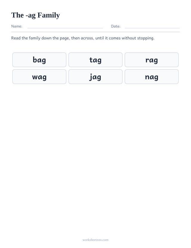 Word family chart for -ag showing bag, tag, rag, wag, jag, nag