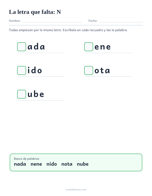 Ficha de la letra que falta de la familia de la N con banco de palabras