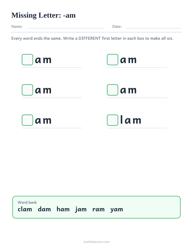 Missing letter worksheet for the -am family with a word bank