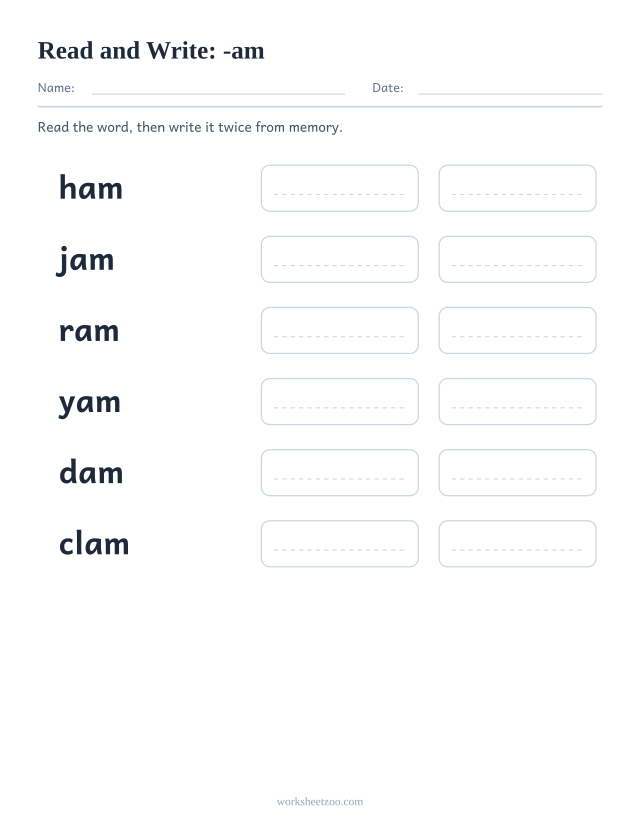 Read and write worksheet for the -am family, ham, jam, ram, yam, dam, clam