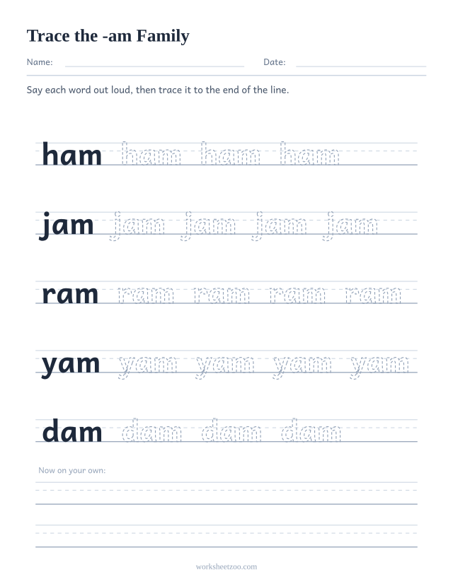 Tracing worksheet for the -am word family on handwriting guides