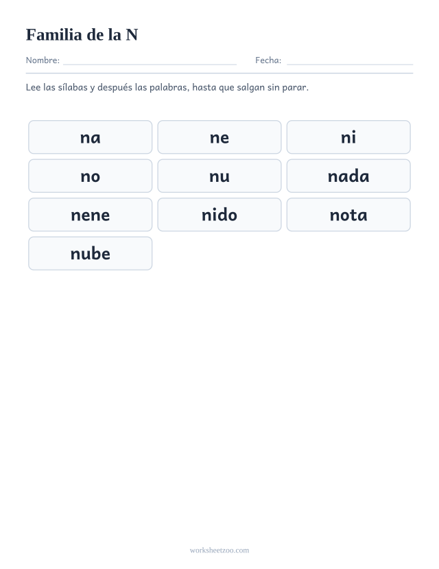 Lámina de la familia silábica de la N con na, ne, ni, no, nu