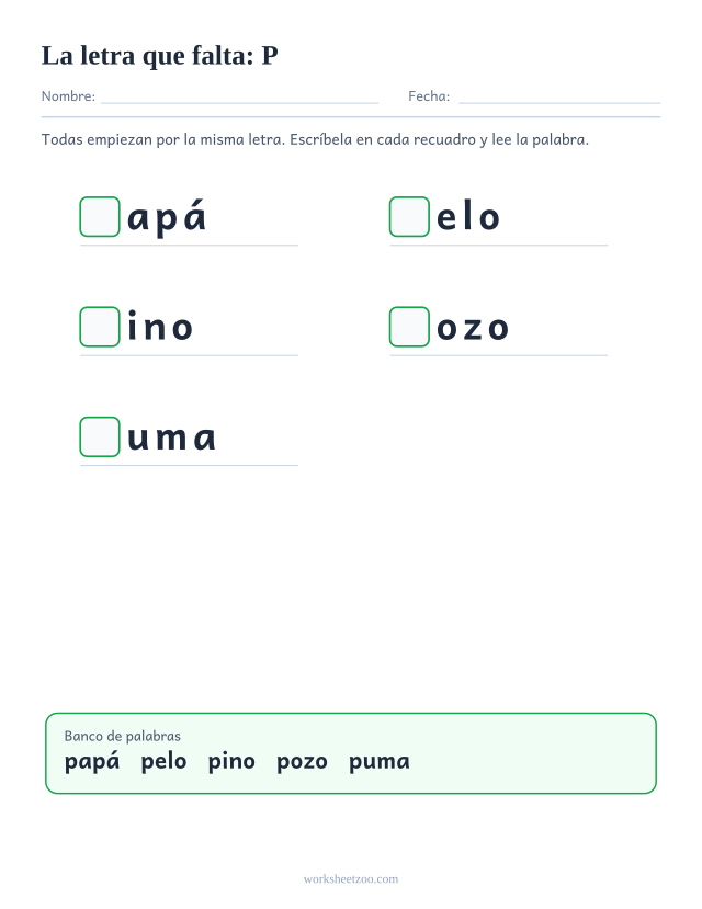 Ficha de la letra que falta de la familia de la P con banco de palabras