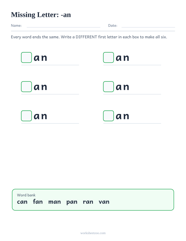 Missing letter worksheet for the -an family with a word bank