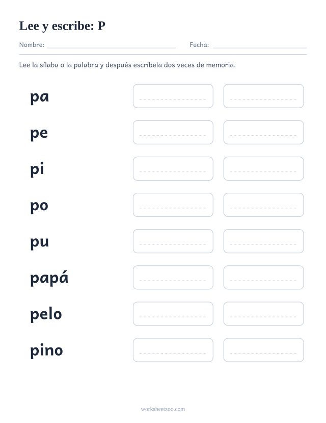 Ficha de leer y escribir de la familia de la P con papá, pelo, pino, pozo, puma