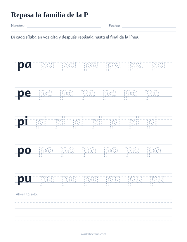 Ficha para repasar las sílabas pa, pe, pi, po, pu sobre pauta