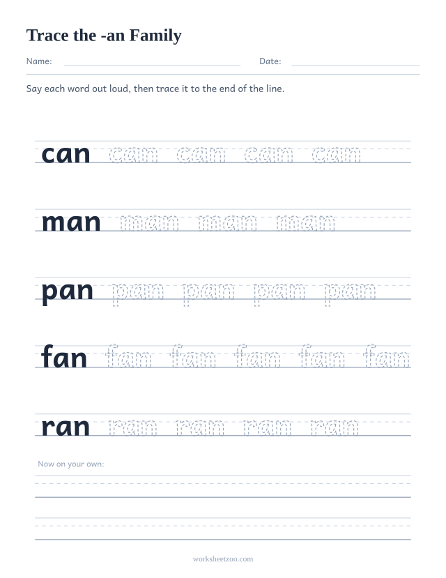 Tracing worksheet for the -an word family on handwriting guides
